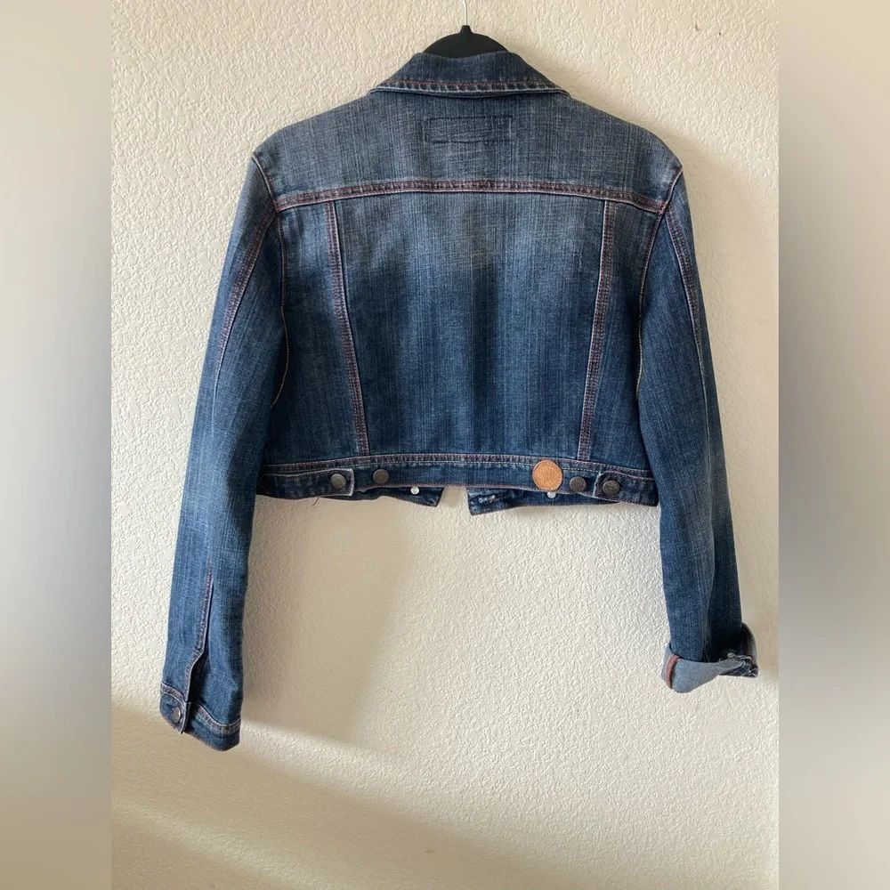 Cropped denim jacket w/ small edgy studs. Red & yellow stitching. Distressed - Picture 3 of 11